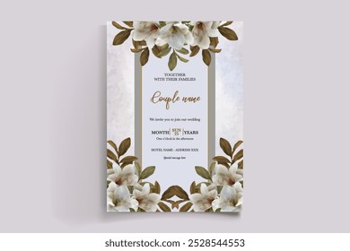 WEDDING INVITATION FRAME WITH FLOWER DECORATIONS WITH FRESH LEAVES 