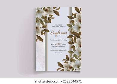 WEDDING INVITATION FRAME WITH FLOWER DECORATIONS WITH FRESH LEAVES 