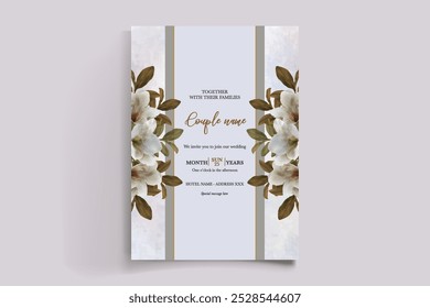 WEDDING INVITATION FRAME WITH FLOWER DECORATIONS WITH FRESH LEAVES 