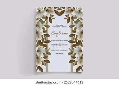 MARCO DE INVITACIÓN DE BODA CON DECORACIONES DE FLORES CON HOJAS FRESCAS 