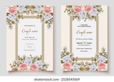 WEDDING INVITATION FRAME WITH FLOWER DECORATIONS WITH FRESH LEAVES 