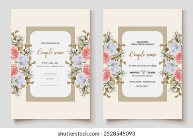 WEDDING INVITATION FRAME WITH FLOWER DECORATIONS WITH FRESH LEAVES 