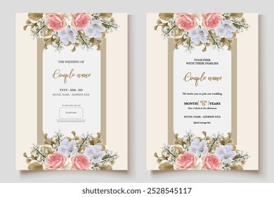 WEDDING INVITATION FRAME WITH FLOWER DECORATIONS WITH FRESH LEAVES 