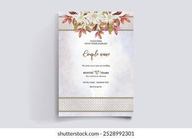WEDDING INVITATION FRAME WITH FLOWER DECORATIONS WITH FRESH LEAVES 
