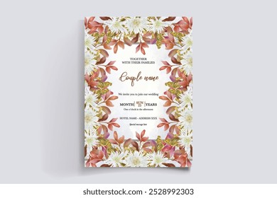WEDDING INVITATION FRAME WITH FLOWER DECORATIONS WITH FRESH LEAVES 