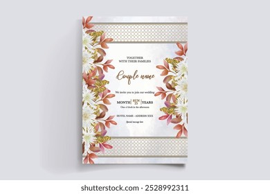 MARCO DE INVITACIÓN DE BODA CON DECORACIONES DE FLORES CON HOJAS FRESCAS 
