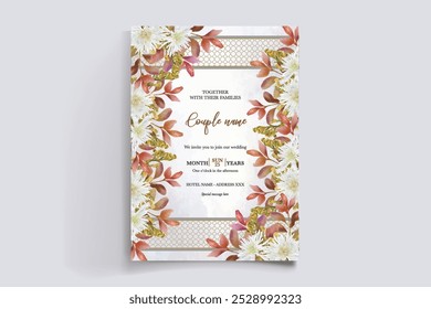 WEDDING INVITATION FRAME WITH FLOWER DECORATIONS WITH FRESH LEAVES 
