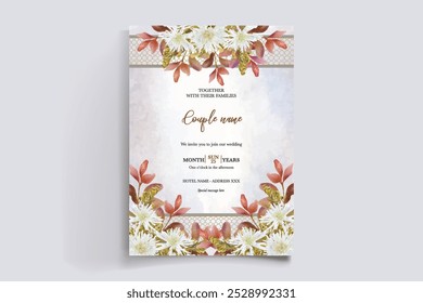 MARCO DE INVITACIÓN DE BODA CON DECORACIONES DE FLORES CON HOJAS FRESCAS 