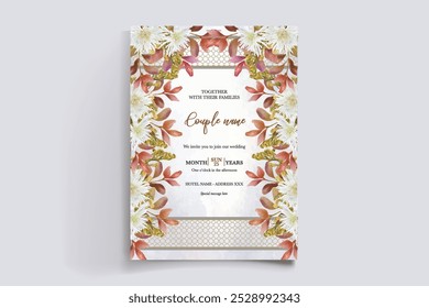 HOCHZEITSEINLADUNGSRAHMEN MIT BLUMENDEKORATIONEN MIT FRISCHEN BLÄTTERN 