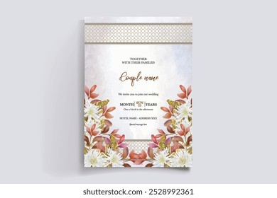 WEDDING INVITATION FRAME WITH FLOWER DECORATIONS WITH FRESH LEAVES 