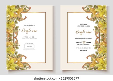 WEDDING INVITATION FRAME WITH FLOWER DECORATIONS AND FRESH LEAVES