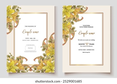 WEDDING INVITATION FRAME WITH FLOWER DECORATIONS AND FRESH LEAVES