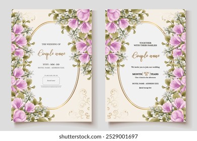 HOCHZEITSEINLADUNGSRAHMEN MIT BLUMENDEKORATIONEN UND FRISCHEN BLÄTTERN