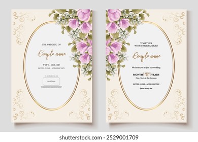 WEDDING INVITATION FRAME WITH FLOWER DECORATIONS AND FRESH LEAVES