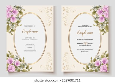 WEDDING INVITATION FRAME WITH FLOWER DECORATIONS AND FRESH LEAVES
