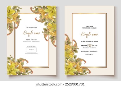 WEDDING INVITATION FRAME WITH FLOWER DECORATIONS AND FRESH LEAVES