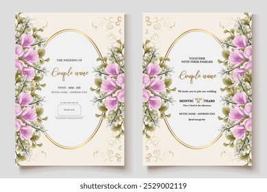 WEDDING INVITATION FRAME WITH FLOWER DECORATIONS AND FRESH LEAVES