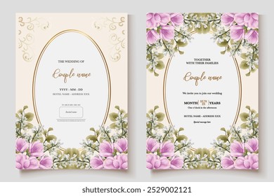 WEDDING INVITATION FRAME WITH FLOWER DECORATIONS AND FRESH LEAVES