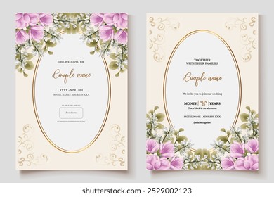 WEDDING INVITATION FRAME WITH FLOWER DECORATIONS AND FRESH LEAVES