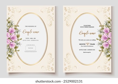 WEDDING INVITATION FRAME WITH FLOWER DECORATIONS AND FRESH LEAVES