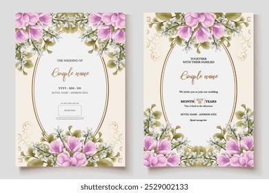 WEDDING INVITATION FRAME WITH FLOWER DECORATIONS AND FRESH LEAVES