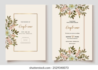 HOCHZEITSEINLADUNGSRAHMEN MIT BLUMENDEKORATIONEN MIT FRISCHEN BLÄTTERN 