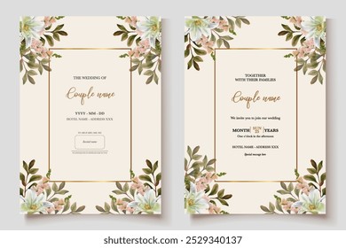 WEDDING INVITATION FRAME WITH FLOWER DECORATIONS WITH FRESH LEAVES 