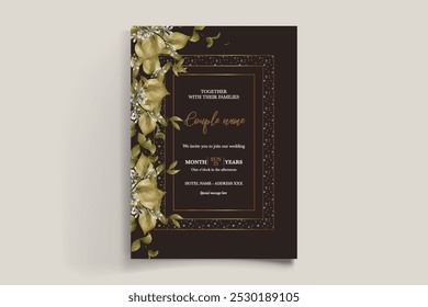 QUADRO DE CONVITE DE CASAMENTO COM DECORAÇÕES DE FLORES COM FOLHAS FRESCAS