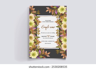 MARCO DE INVITACIÓN DE BODA CON DECORACIONES DE FLORES CON HOJAS FRESCAS