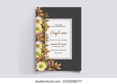 HOCHZEITSEINLADUNGSRAHMEN MIT BLUMENDEKORATIONEN MIT FRISCHEN BLÄTTERN