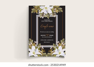 HOCHZEITSEINLADUNGSRAHMEN MIT BLUMENDEKORATIONEN MIT FRISCHEN BLÄTTERN