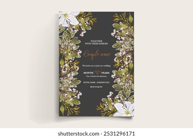 WEDDING INVITATION FRAME WITH FLOWER DECORATIONS WITH FRESH LEAVES