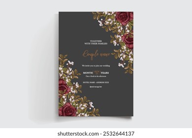 WEDDING INVITATION FRAME WITH FLOWER DECORATIONS AND FRESH LEAVES 