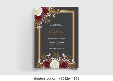 WEDDING INVITATION FRAME WITH FLOWER DECORATIONS AND FRESH LEAVES 