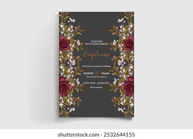 WEDDING INVITATION FRAME WITH FLOWER DECORATIONS AND FRESH LEAVES 