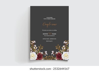WEDDING INVITATION FRAME WITH FLOWER DECORATIONS AND FRESH LEAVES 