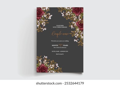 QUADRO DE CONVITE DE CASAMENTO COM DECORAÇÕES DE FLORES E FOLHAS FRESCAS 