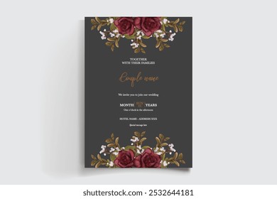 QUADRO DE CONVITE DE CASAMENTO COM DECORAÇÕES DE FLORES E FOLHAS FRESCAS 