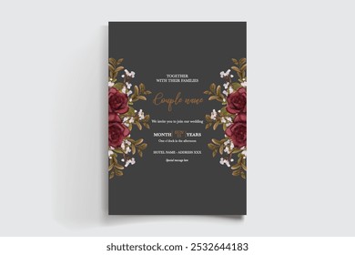 WEDDING INVITATION FRAME WITH FLOWER DECORATIONS AND FRESH LEAVES 