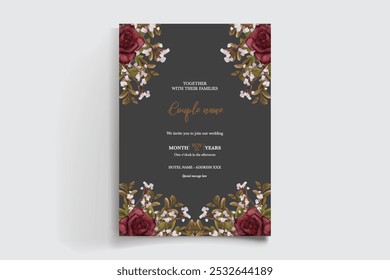 WEDDING INVITATION FRAME WITH FLOWER DECORATIONS AND FRESH LEAVES 