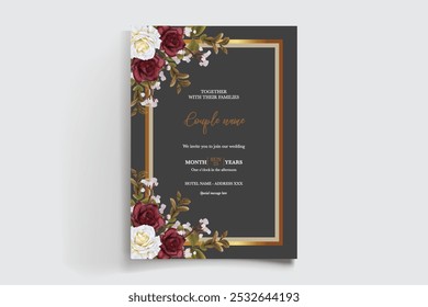 WEDDING INVITATION FRAME WITH FLOWER DECORATIONS AND FRESH LEAVES 