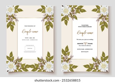 WEDDING INVITATION FRAME WITH FLOWER DECORATIONS AND FRESH LEAVES 