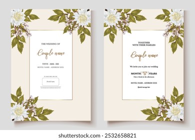 WEDDING INVITATION FRAME WITH FLOWER DECORATIONS AND FRESH LEAVES 
