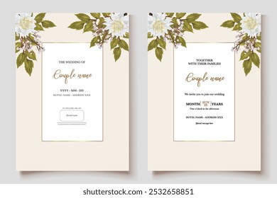 QUADRO DE CONVITE DE CASAMENTO COM DECORAÇÕES DE FLORES E FOLHAS FRESCAS 