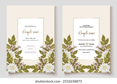 WEDDING INVITATION FRAME WITH FLOWER DECORATIONS AND FRESH LEAVES 