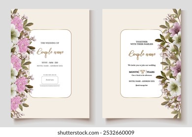 WEDDING INVITATION FRAME WITH FLOWER DECORATIONS AND FRESH LEAVES 
