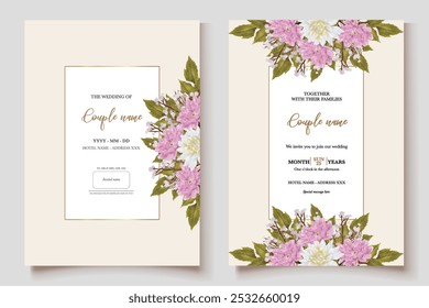 WEDDING INVITATION FRAME WITH FLOWER DECORATIONS AND FRESH LEAVES 