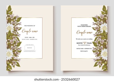 WEDDING INVITATION FRAME WITH FLOWER DECORATIONS AND FRESH LEAVES 