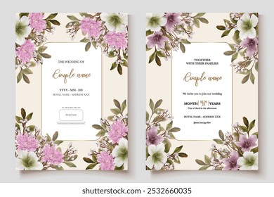 WEDDING INVITATION FRAME WITH FLOWER DECORATIONS AND FRESH LEAVES 