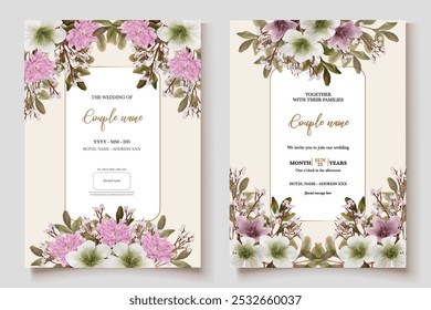 WEDDING INVITATION FRAME WITH FLOWER DECORATIONS AND FRESH LEAVES 